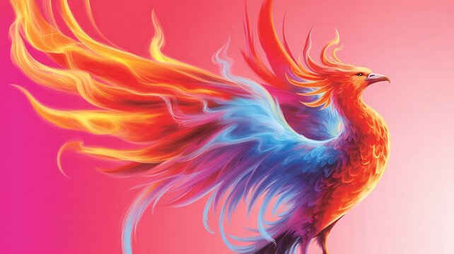 Colorful mythical firebird with vibrant wings in flight