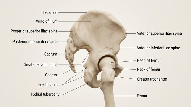 Human hip bone anatomy diagram with labels sciatic notch obturator foramen