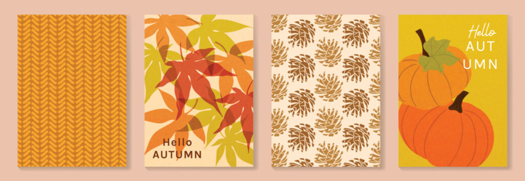 Autumn poster templates and patterns vector set. Seasonal fall illustrations with leaves, pumpkin, flowers and botanical elements for greeting card, cover, print, wall art and background.
