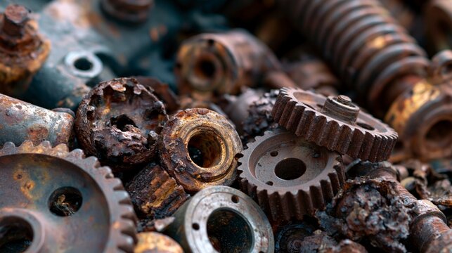 Close-up of a pile of old rusty metal gears and machinery parts, showcasing textures of corrosion and industrial decay.