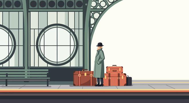 Man with luggage at train station platform.