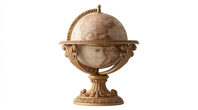 Antique Vintage Terrestrial Globe with Ornate Gold Base Isolated on White Background