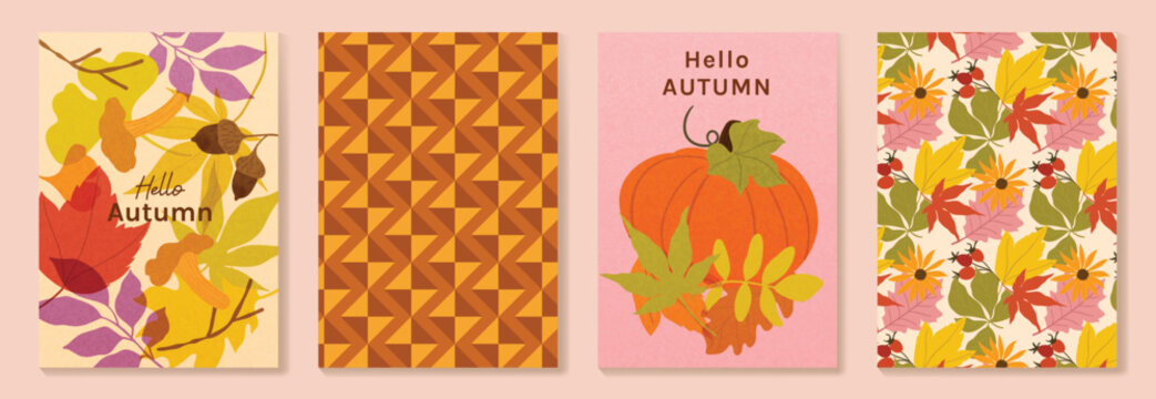 Autumn poster templates and patterns vector set. Seasonal fall illustrations with leaves, pumpkin, flowers and botanical elements for greeting card, cover, print, wall art and background.