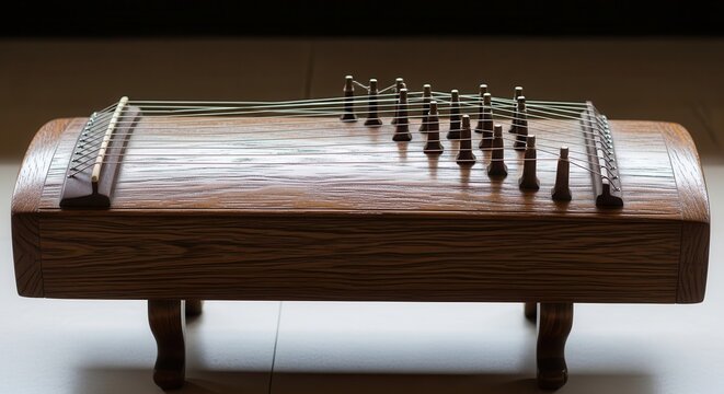 Traditional wooden Guzheng Chinese zither instrument with intricate details
