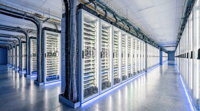 High Performance Server Racks Corridor in Clean Modern Data Center Facility