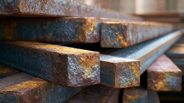 Close-up of a Stack of Rusty Square Steel Bars in an Industrial Setting