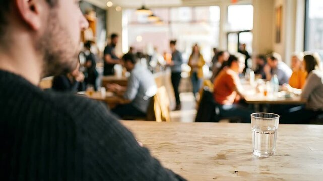 A sad lonely man sitting at a wooden table in a busy cafe with blurred people in the background.