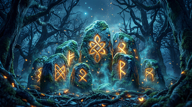Ancient mossy runestones with glowing golden norse runes, standing in a dark, misty forest with twisted tree branches and floating embers