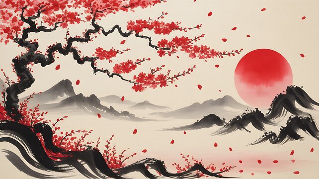 Autumn cherry blossom tree with sunset over waves and mountains