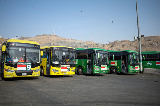 Shalawat Bus, transportation facilities in Shib Amir Terminal in Makkah city, Saudi Arabia for Muslims pilgrims who perform hajj and umrah on May 28, 2024.