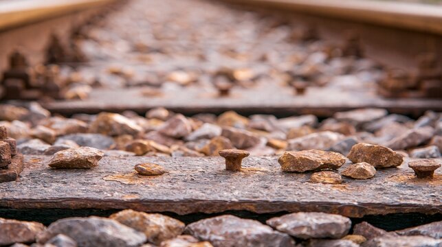 Detailed close-up of old rusty railroad track sleepers and ballast stones with shallow depth of field