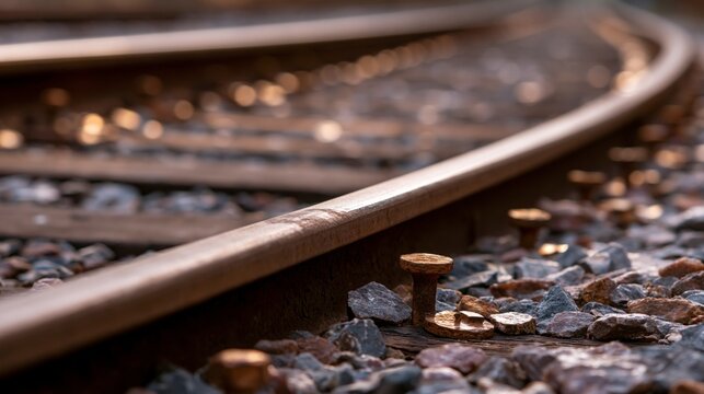 Close-up of rusty railway tracks and ballast stones in warm evening light