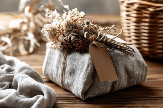 Eco friendly gift wrapped in linen fabric with dried flowers on a.