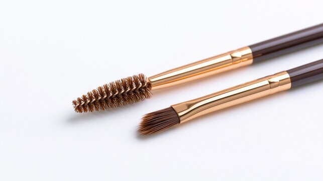 Set of professional eyebrow and eyelash makeup brushes on a clean white background