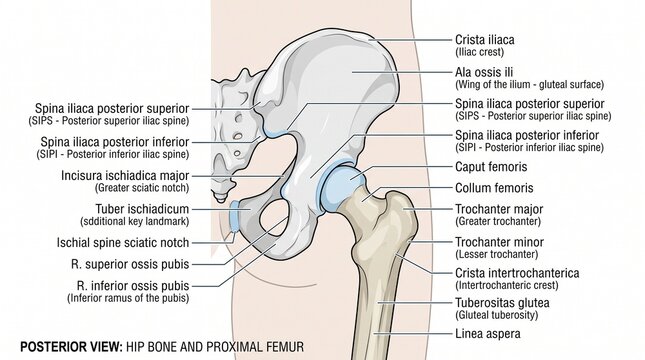 Detailed diagram of the human pelvis showing bones and ligaments with labels