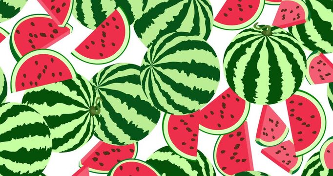 Animated seamless looping watermelon pattern on white. Summer flat design repeating video background for motion graphics, social media, overlay and digital design. Moving from top right to bottom left