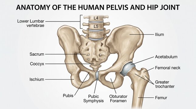 Anatomical diagram of the human pelvis and hip joint with labeled bones