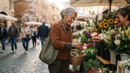 Obraz premium Happy Senior Woman Buying Fresh Flowers at Local Street Market in Europe
