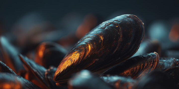 A close-up shot of cooked mussels, showcasing their dark, glossy shells with a hint of orange glow from the heat