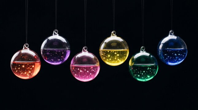 Colorful glass ornaments with liquid and stars on black background