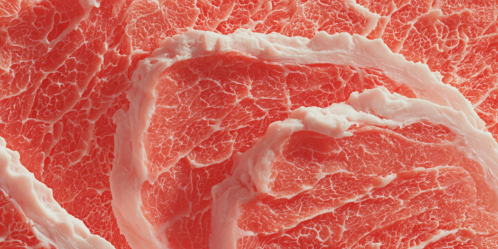 Close-up macro shot of raw marbled beef texture, showing intricate fat marbling patterns