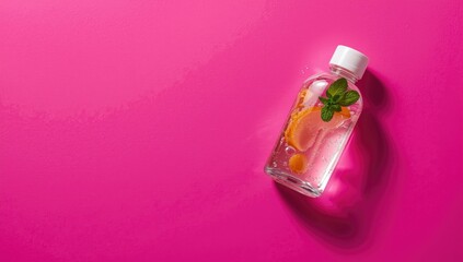 Glass Bottle with Lemon and Mint Leaves on a Pink Background © TheWaterMeloonProjec