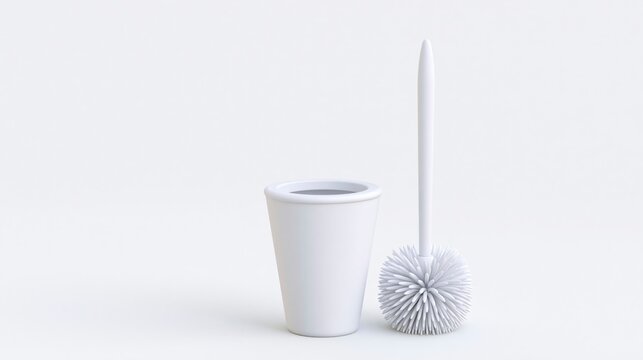 Minimalist modern white toilet brush and holder set isolated on white background
