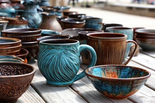 Display of colorful handmade ceramic pottery at an outdoor market.