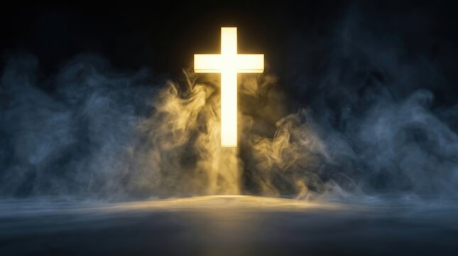 Luminous Christian cross glowing in smoke dark background light rays religion faith hope spiritual concept 3D rendering illustration wallpaper