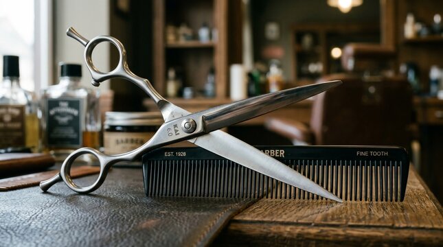 professional barber scissors and comb on wooden table