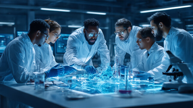 Multicultural team of doctors and scientists analyzing holographic medical data in a futuristic research laboratory. AI generated concept of healthcare innovation, artificial intelligence and collabor