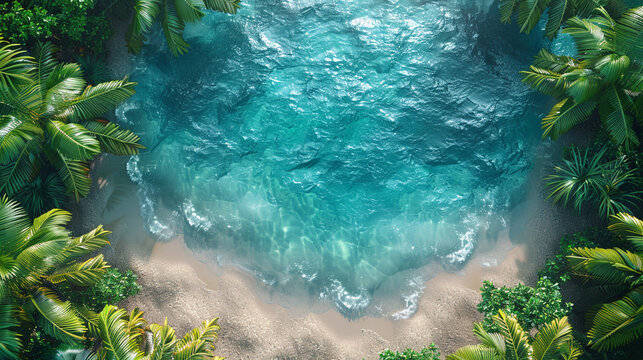Aerial top view of turquoise ocean, sand beach and palms