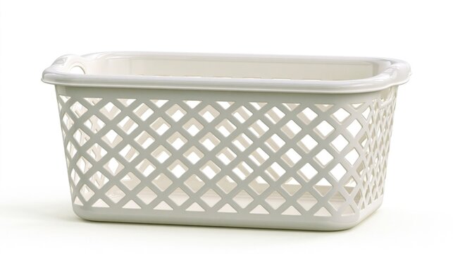 Empty white plastic laundry basket with diamond pattern isolated on white background