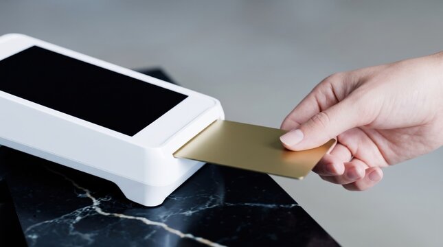 Hand inserting gold credit card into POS payment terminal transaction process banking finance retail store checkout technology payment concept