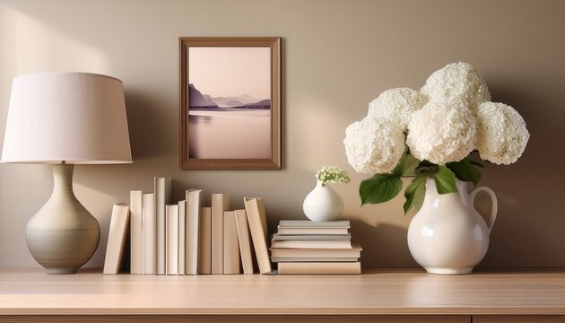 minimalist beige bookshelf with books white hydrangeas lamp and framed art zoom virtual background virtual meeting cozy interior backdrop stylish living room design contemporary spaces