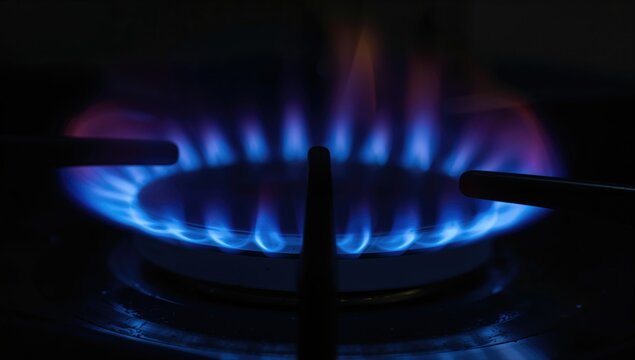 Gas Burner Flames Igniting - Dark Background, Intense Blue Fire