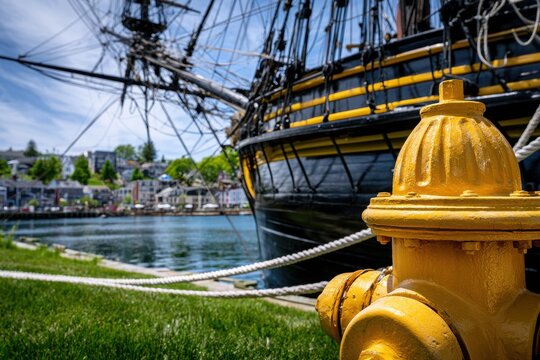 Yellow fire hydrant near tall ship. Coastal travel concept.