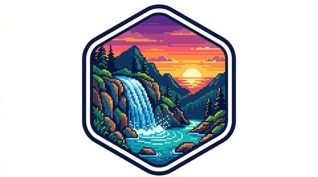 vibrant pixel art waterfall at sunset
