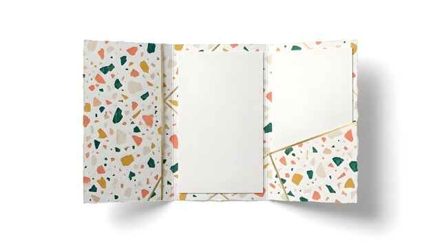 Opened folder with terrazzo pattern design and empty paper sheets inside on white background