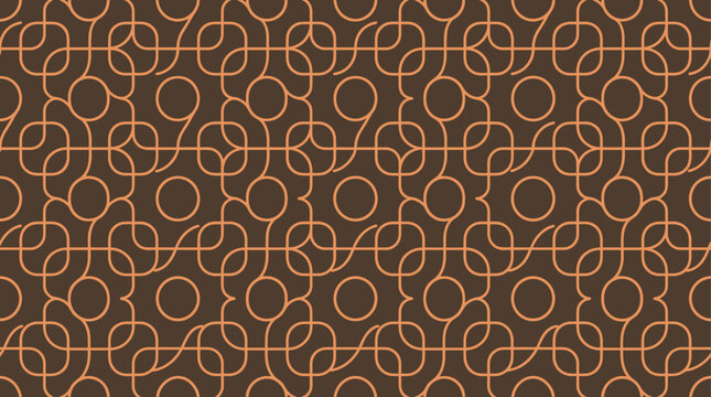 Seamless geometric pattern with interlocking rounded squares and circles in light orange lines on a dark brown background, for wallpaper or textile
