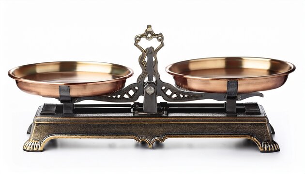 antique balance scale with brass pans isolated on white background