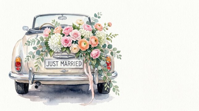 Watercolor classic convertible car with big romantic flower bouquet and just married sign for rustic wedding invitation clip art and banner