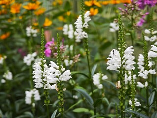 Obraz premium White obedient plant flowers blooming in summer flowerbed