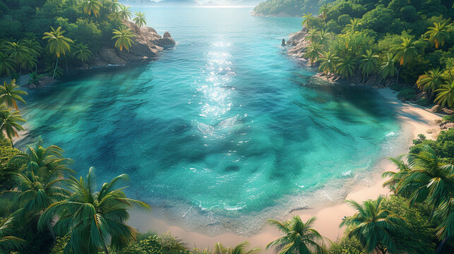 Aerial top view of turquoise ocean, sand beach and palms