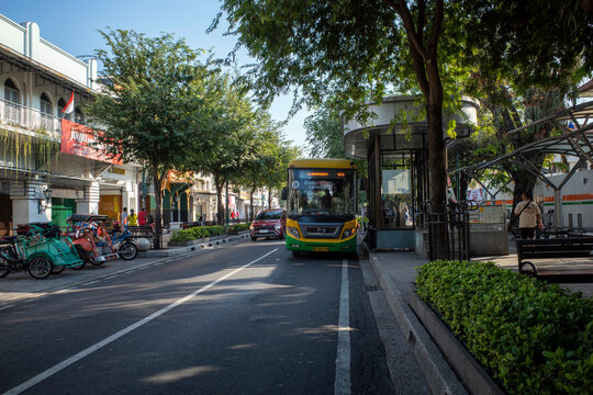 Trans Jogja Bus at Jalan Malioboro, Malioboro street, a famous tourist destination in Yogyakarta, Indonesia on August 18, 2024.