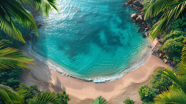 Aerial top view of turquoise ocean, sand beach and palms