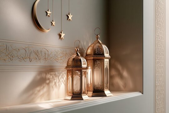 Ramadan lanterns with crescent and stars.