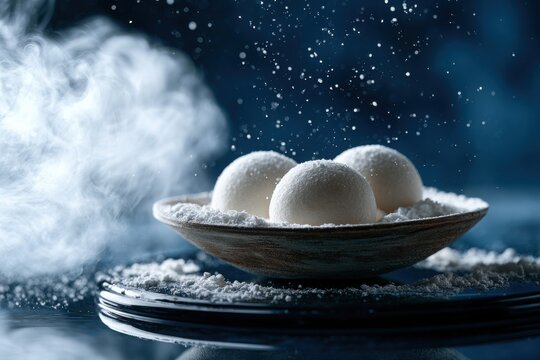 White snowballs in bowl with steam. Perfect for winter holiday.