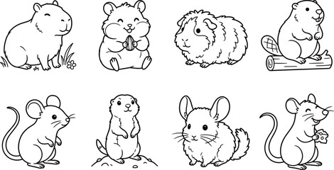 Set of cute small rodents including capybara, hamster, guinea pig, beaver, mouse, and chinchilla outlines