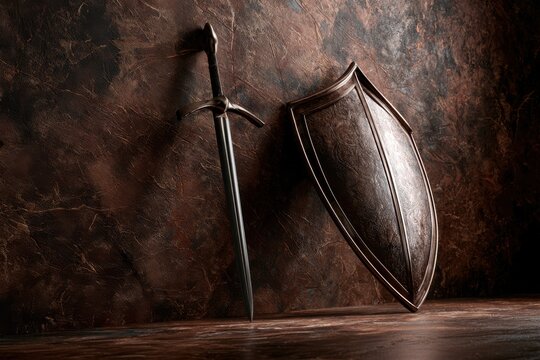 Medieval sword and shield against a wall. Fantasy armor and combat.